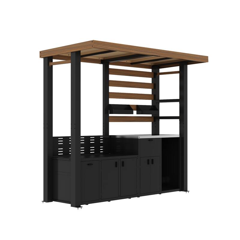 Patio Grill Workstation with Fridge Slot, Hidden Trash Bin & Weather-Resistant Roof Outdoor Kitchen BBQ Grill Station