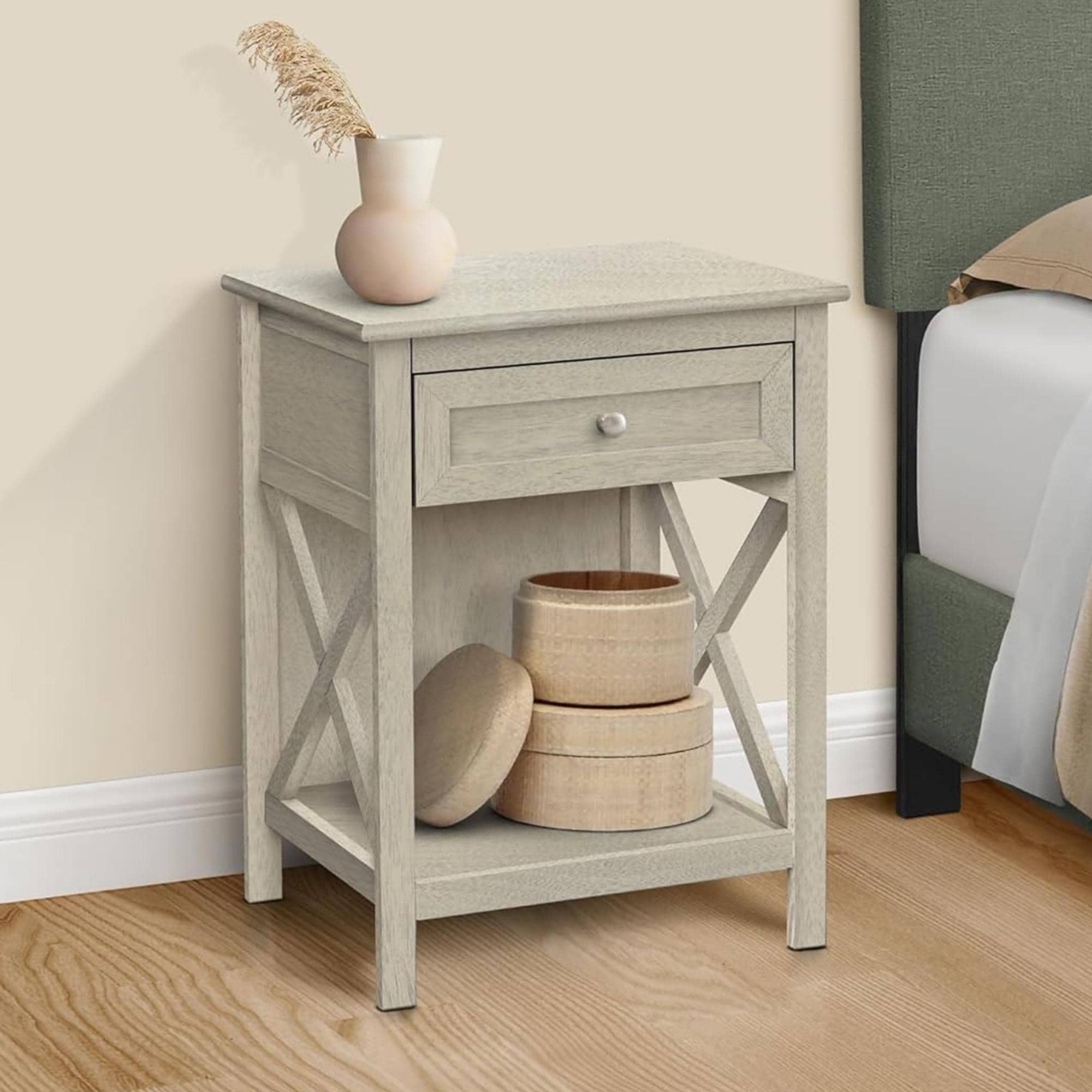 Anmytek Light Wood Nightstand Rustic Cottage Style End Table with Storage
