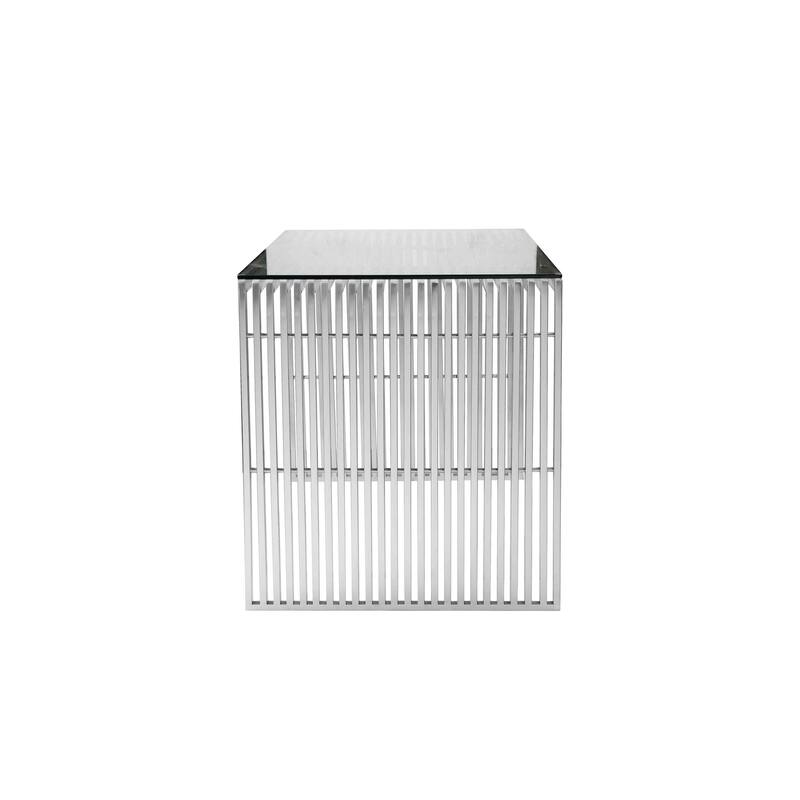 Meza 59 Inch Office Desk, Glass Top, Waterfall Slatted Panel, Silver Finish