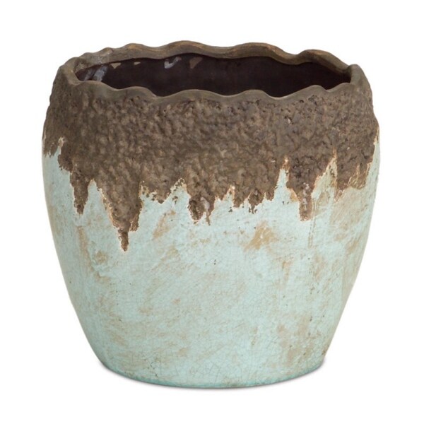 9" Pale Blue and Brown Terreux Crackled Outdoor Patio Garden Planter Pot - N/A