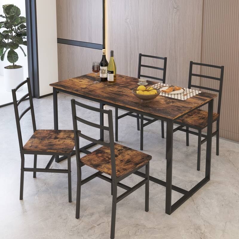 Modern 5-Piece Dining Set with Rectangular Solid Structure Table & 4 Ladder Back Chairs