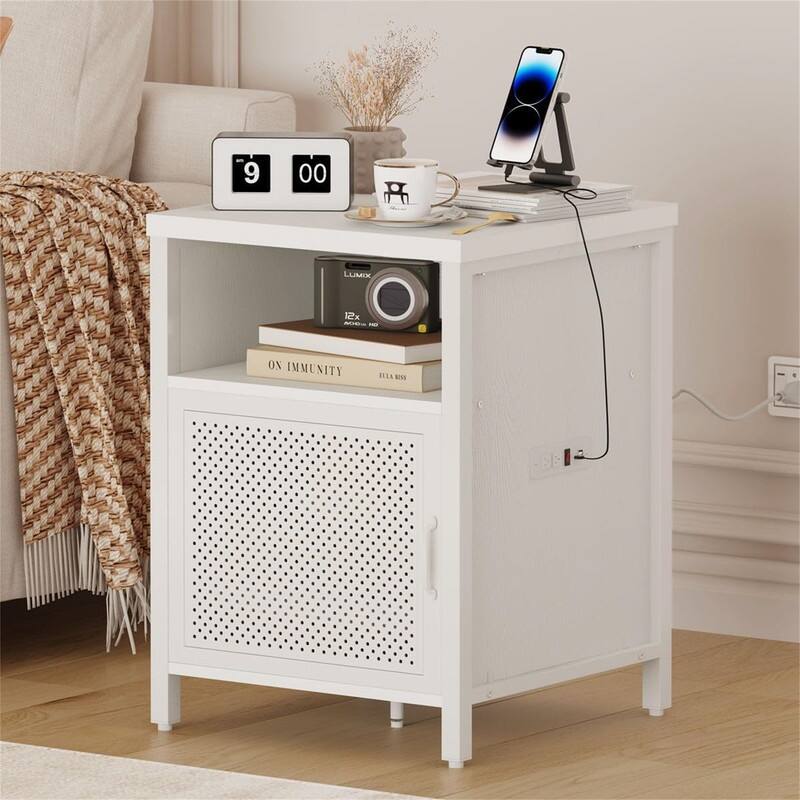 Side Table with Charging Station - White Oak