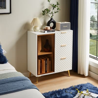 Modern Fashion Style Chest of Drawers with Sturdy Metal Legs and Luxurious Geometric Carvings