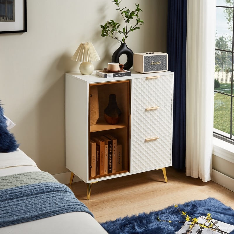 Modern Glass & Aluminum Dresser – 3 Drawers, Adjustable Feet‌