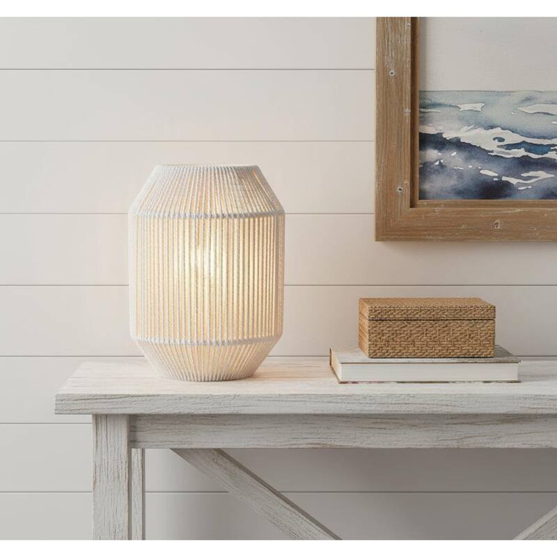 HomeRoots 7" Beige Battery Operated Geometric Desk Lamp With Novelty Shade - 6.50 in. x 6.50 in. x 8.50 in. - Beige - 6.50 in. x 6.50 in.  x 8.50 in.
