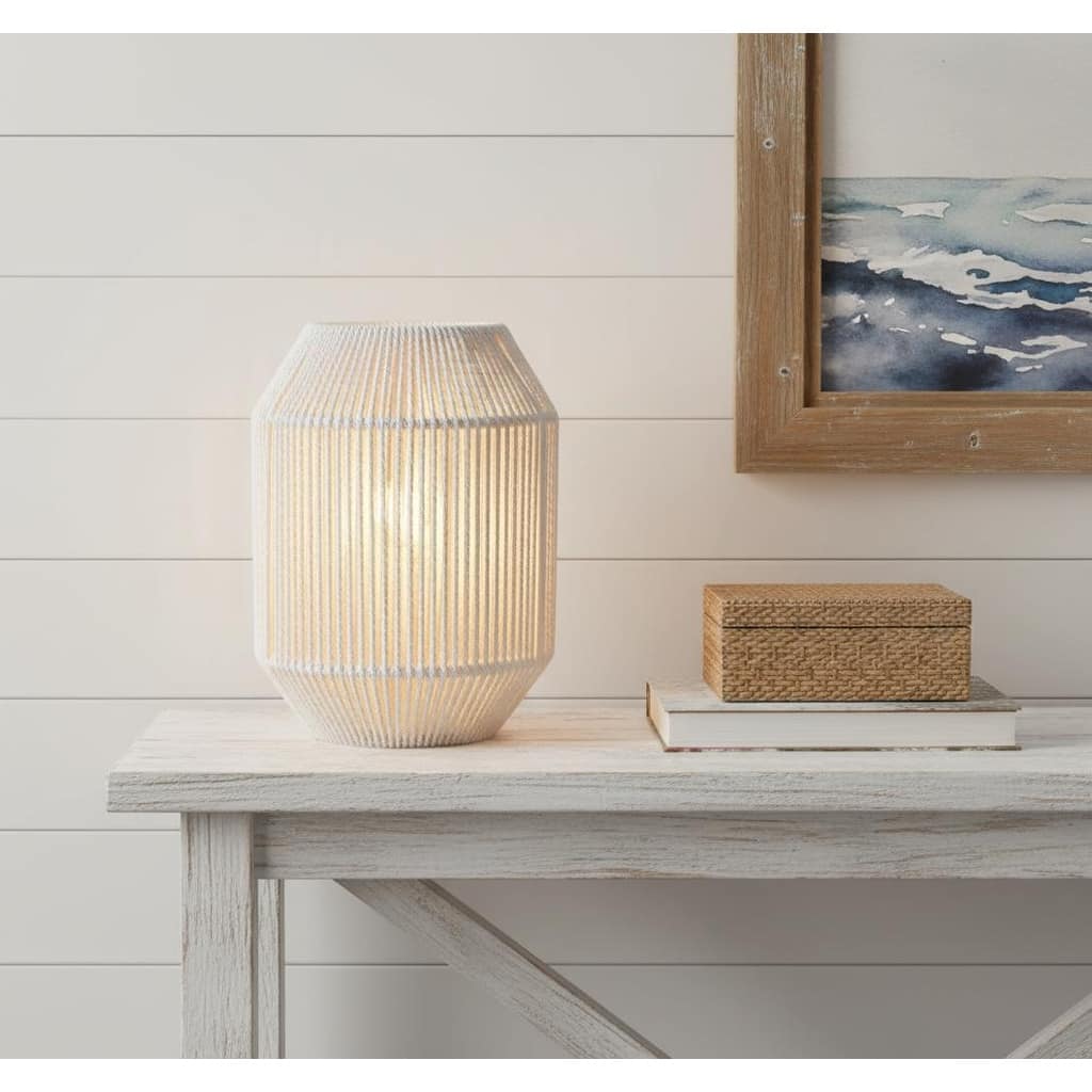 HomeRoots 7" Beige Battery Operated Geometric Desk Lamp With Novelty Shade - 6.50 in. x 6.50 in. x 8.50 in.