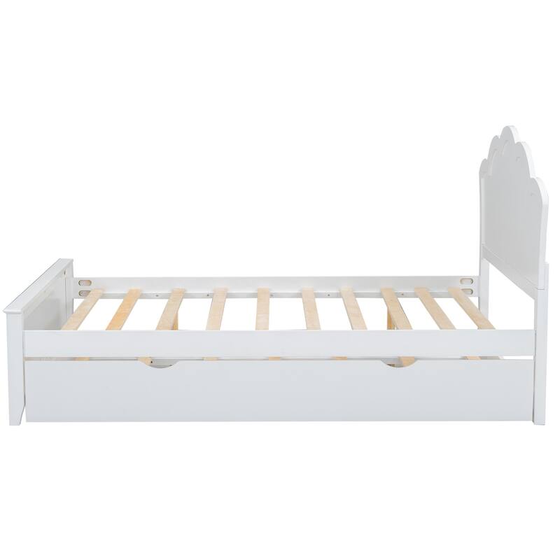 White Full Size Wood Platform Bed with Headboard and Twin Trundle
