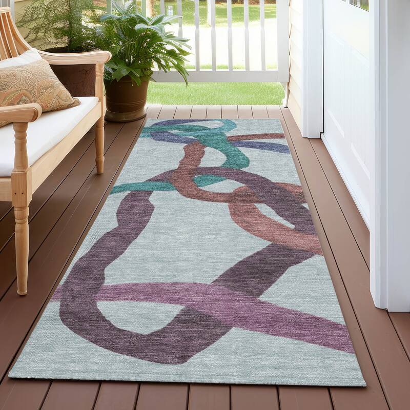 Machine Washable Indoor/ Outdoor Abstract Links Chantille Rug - Teal - 2'3" x 7'6"