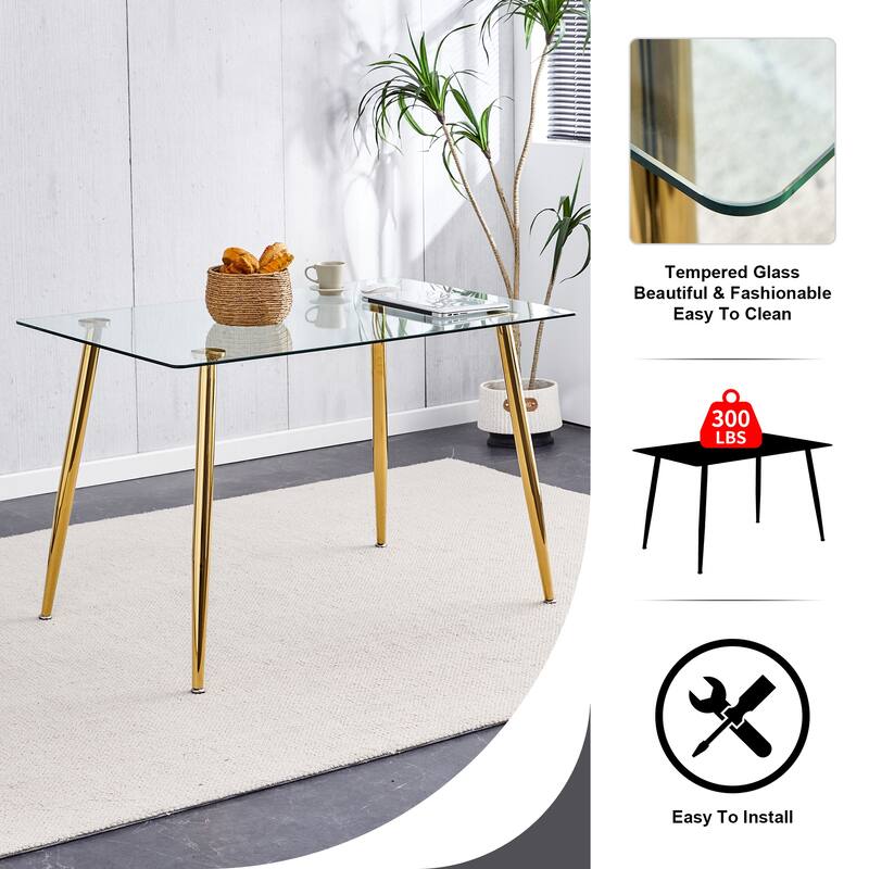 Rectangular Dining Table Set 4 Chairs Tempered Glass Top Gold Metal Legs Modern