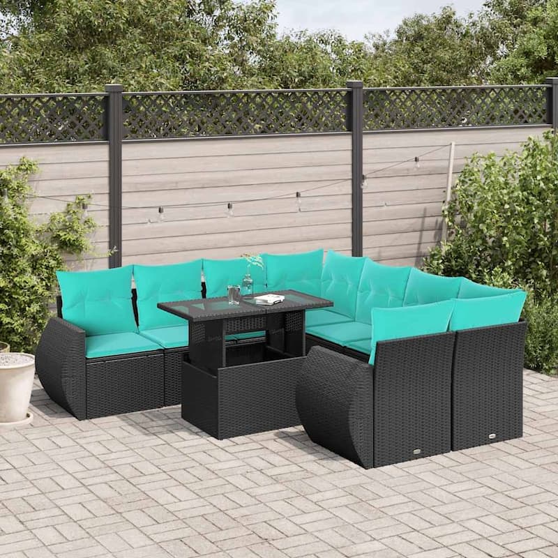 vidaXL Patio Sofa Set with Cushions and Table Outdoor 9 Piece Poly Rattan - 24.4 x 24.4 x 27.2 - Black without storage