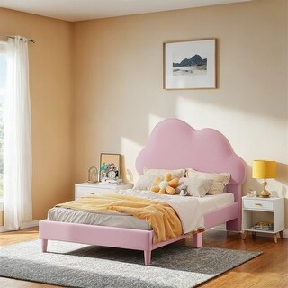 Twin Size Upholstered Cloud-Shape Bed,Velvet Platform Bed w/Headboard