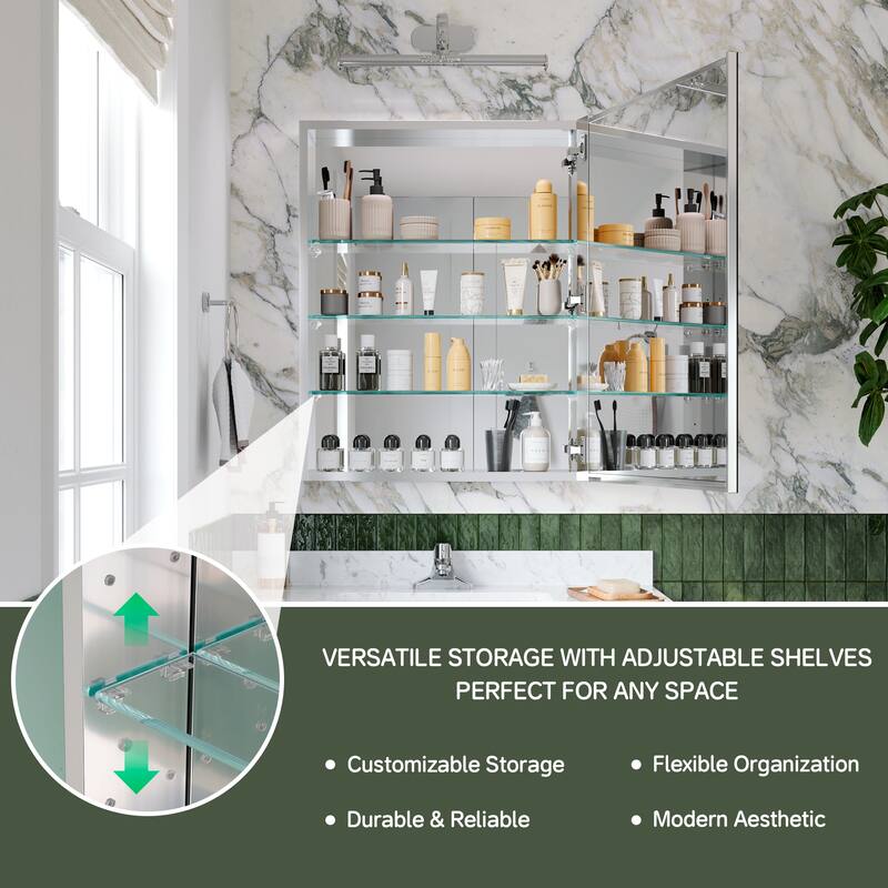 24x30 in Mirrored Medicine Cabinet, Tri-View, Right Swing, Recessed/Surface, Copper-Free, Blum Soft-Close, Chrome