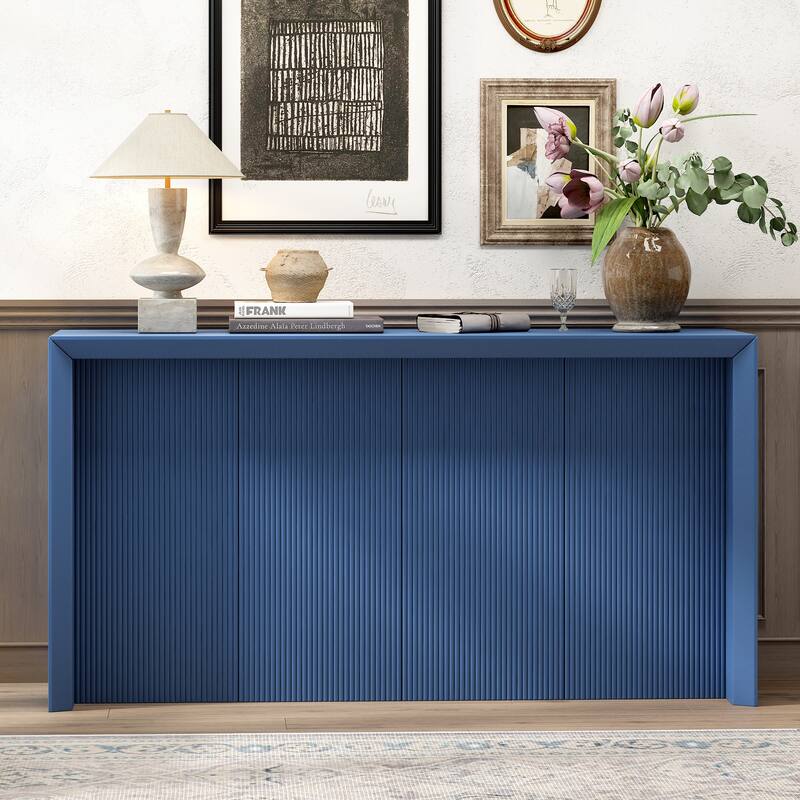 59" Wood Veneer Simple Entryway Table with Wavy Design - Dark Blue