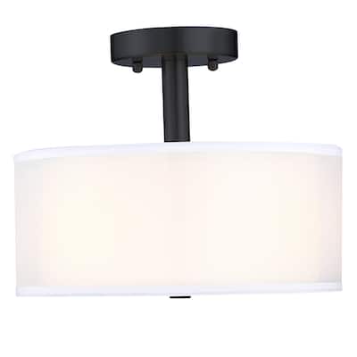 3-Light 11-in Matte Black Semi Flush Mount Light With Fabric Shade - 12-in