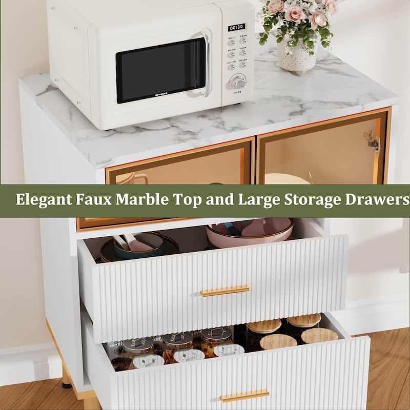 Pantry Cabinet, Freestanding Kitchen Storage Cabinet with Glass Door and 2 Drawers, Modern Kitchen Cupboard with 2