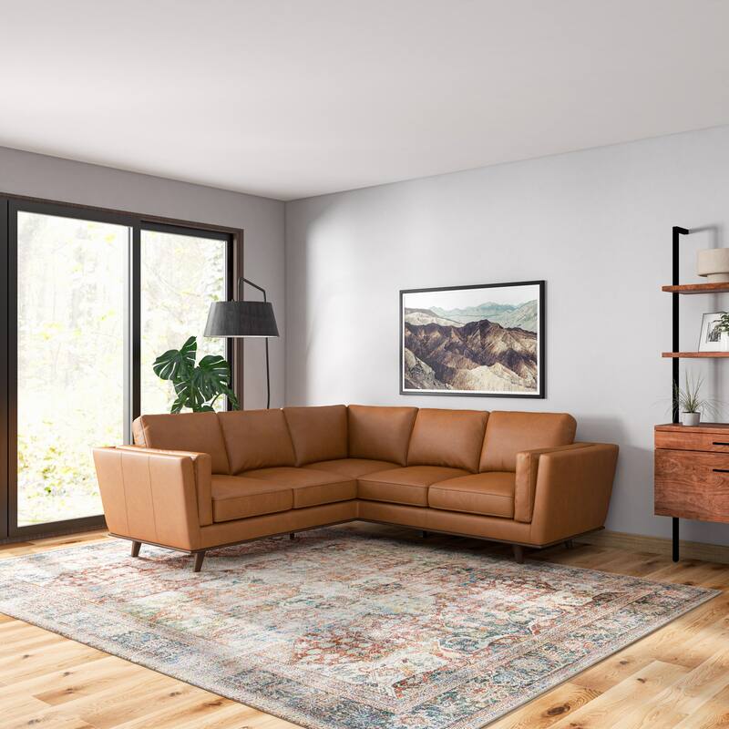 Elisa Mid Century Pillow Back Symmetrical Corner Sofa - Tan Genuine Leather