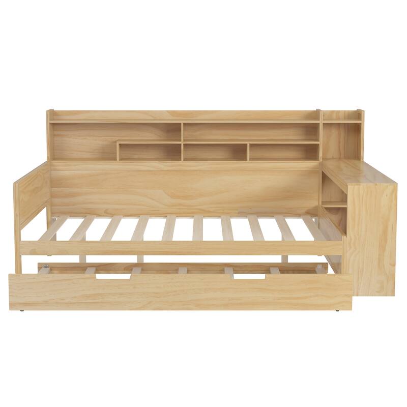 Multi-Functional Full Size Daybed with Study Desk & Storage Shelves, Includes Twin Trundle Bed, Natural Wood