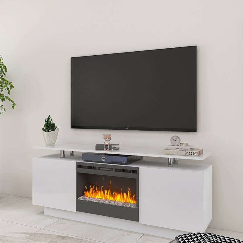 High Gloss TV Stand with Fireplace and Flame Color Changes