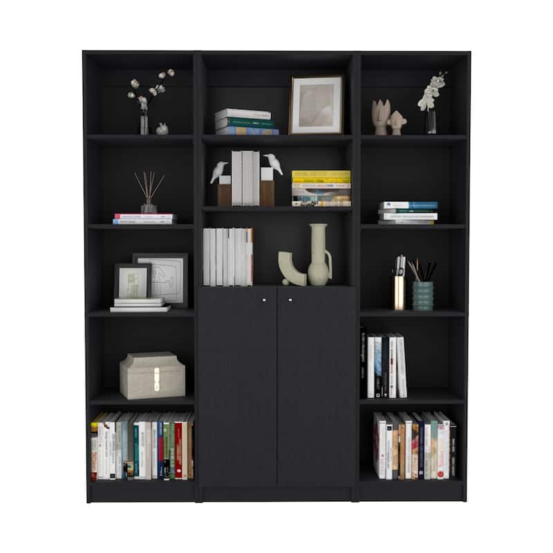FM FURNITURE Atoka 3 Piece Living Room Set with 2 Sutton Slim Bookcase + Sutton 2-Door Bookcase, Black
