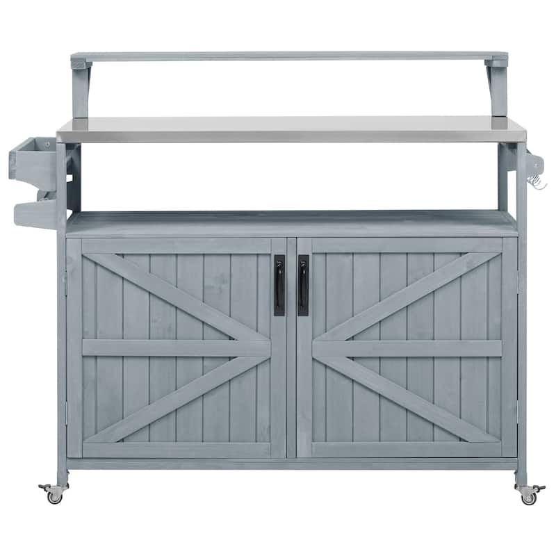 53.3" Outdoor Kitchen Island with Stainless Steel Top, Raised Shelf Solid Wood Storage Cabinet Outdoor Rolling Grill Cart