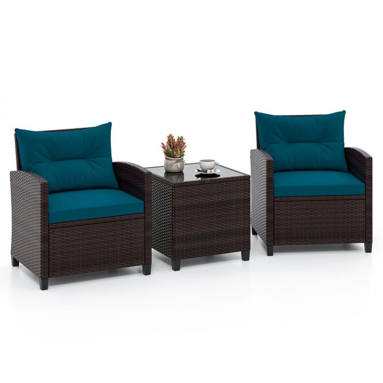 3 Pieces Rattan Patio Furniture Set with Washable Cushion - Chair: 26.5" x 26.5" x 30"