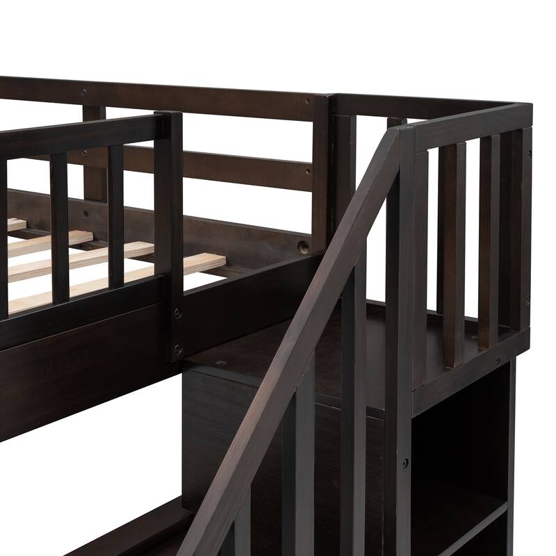 Full-Over-Full Bunk Bed with Twin Trundle, Storage, and Guard Rail in Espresso Finish