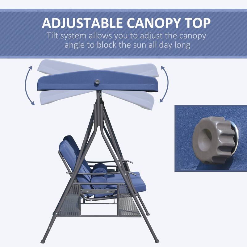 Outsunny 2-Person Patio Swing Chair Outdoor Canopy Swing with Adjustable Shade, Soft Cushions, Throw Pillows and Tray