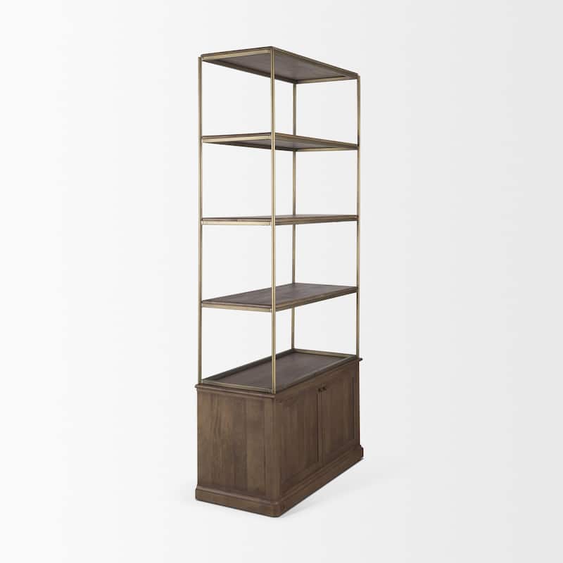 Baron Light / Dark Brown Wood w/ Antiqued Aged Brass Metal 2-Door / 4-Door Open Shelving Unit