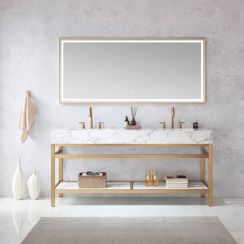 Ecija Bath Vanity, Metal Support with Composite Stone Top and Mirror