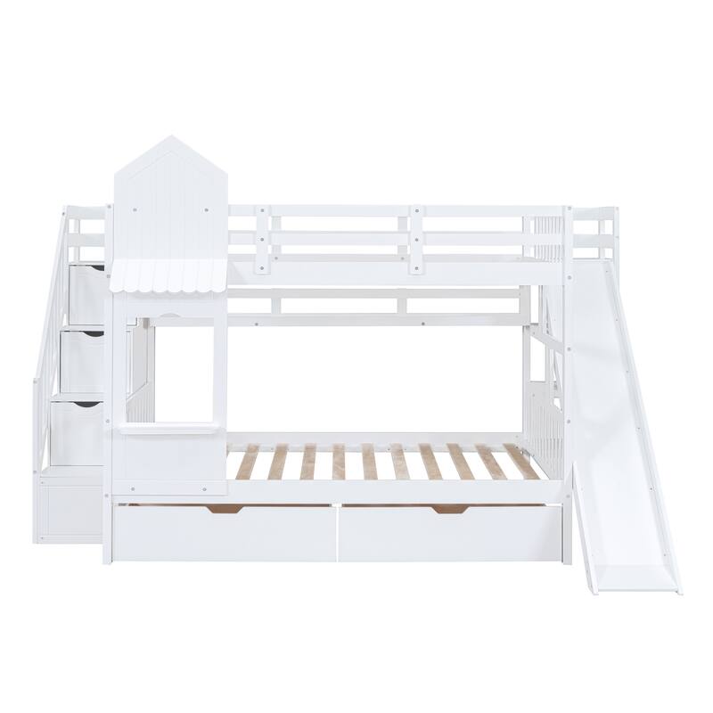 Castle Style Twin/Full Bunk Bed with Slide, 2 Drawers, 3 Shelves, and Playhouse Design