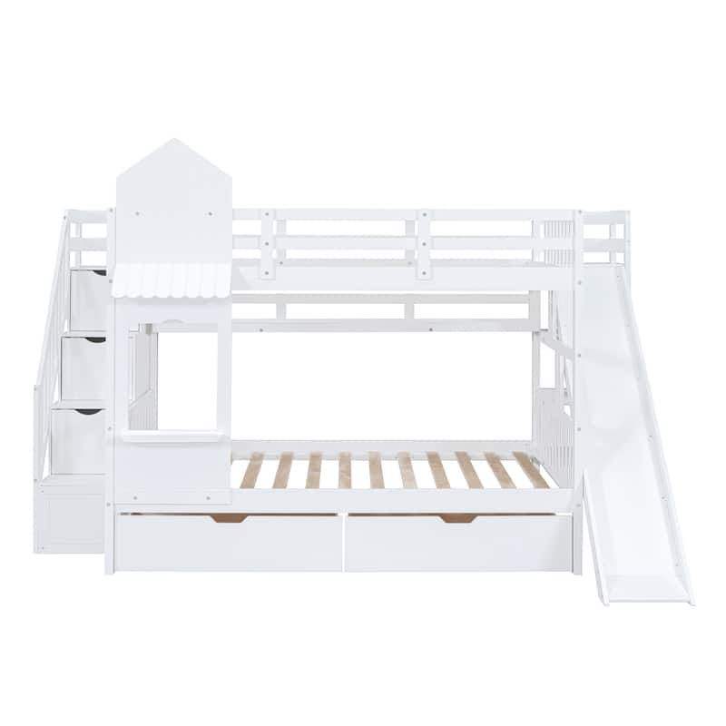 White Full over Full Size Solid Wood Castle Style Bunk Bed with Drawers and Slide