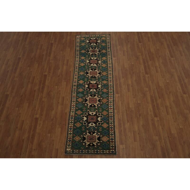 Hand Knotted Oriental 100% Wool Carpet Traditional Geometric Green Super Kazak Runner Rug - 9' 8'' X 2' 9''
