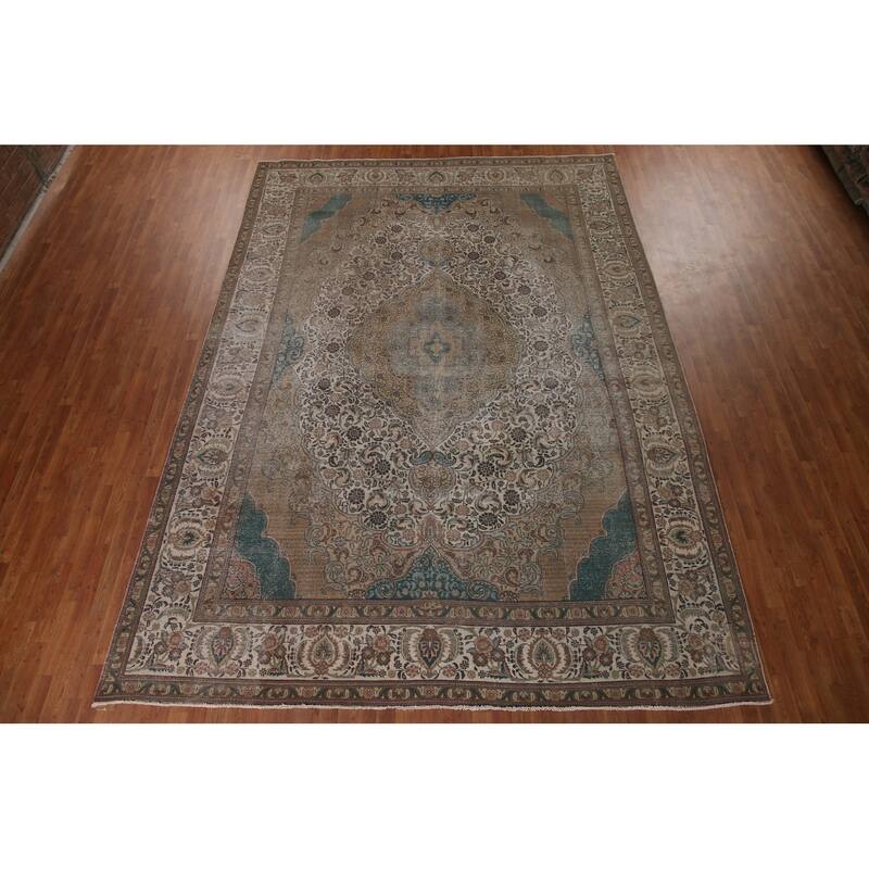 Distressed Geometric Tabriz Persian Antique Rug Handmade Wool Carpet - 9'8" x 13'5"