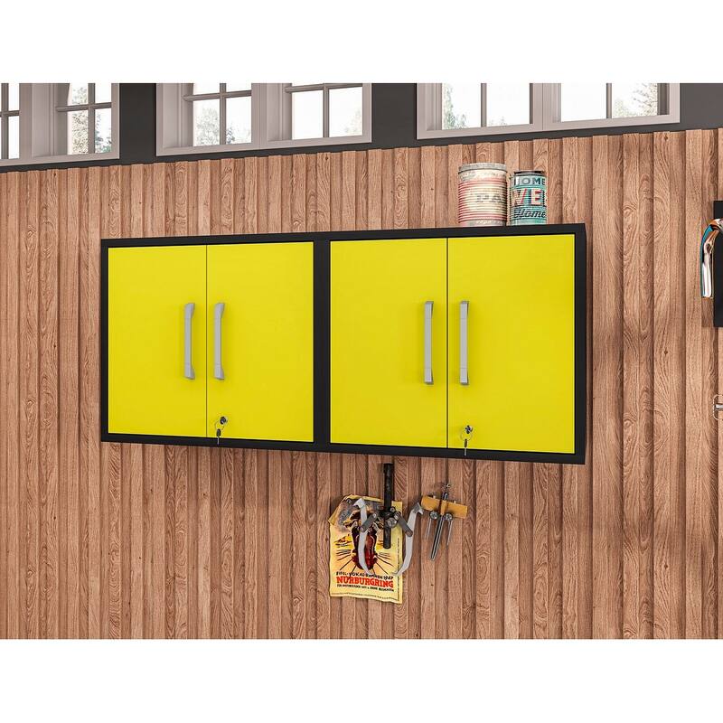 Manhattan Comfort Eiffel Floating Garage Cabinet (Set of 2) - Matte Black and Yellow