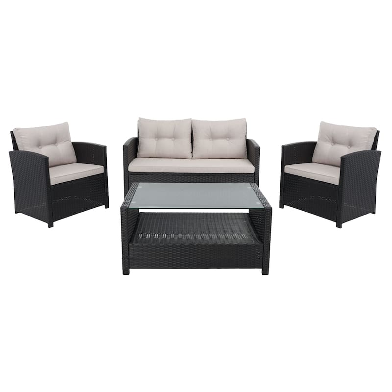 SAFAVIEH Outdoor Eranda 4-Piece Conversation Patio Set - 48W x 30D x 26H - Black/Light Grey