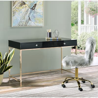 Rectangular Writing Desk with 2 Drawers Storage , High Gloss Wooden Top & Drawers