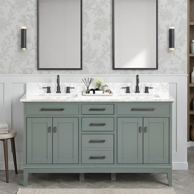 Madison 60 in. Double Sink Bathroom Vanity with Carrara Marble Top - 61"W x 22"D - Smoke Green