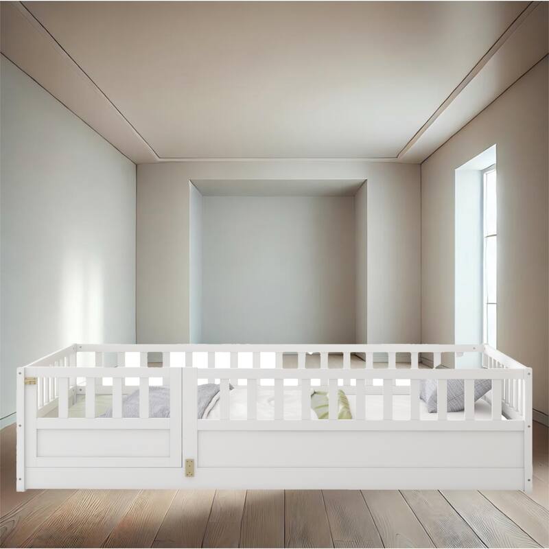 Durable Twin/Full Size Floor Bed with High Fence and Clockwise-Opening Door, Safe and Fun for Children - White - Twin