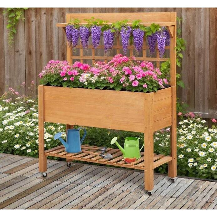 Raised Garden Bed Planter Box with Wheels & Trellis and Storage Shelve