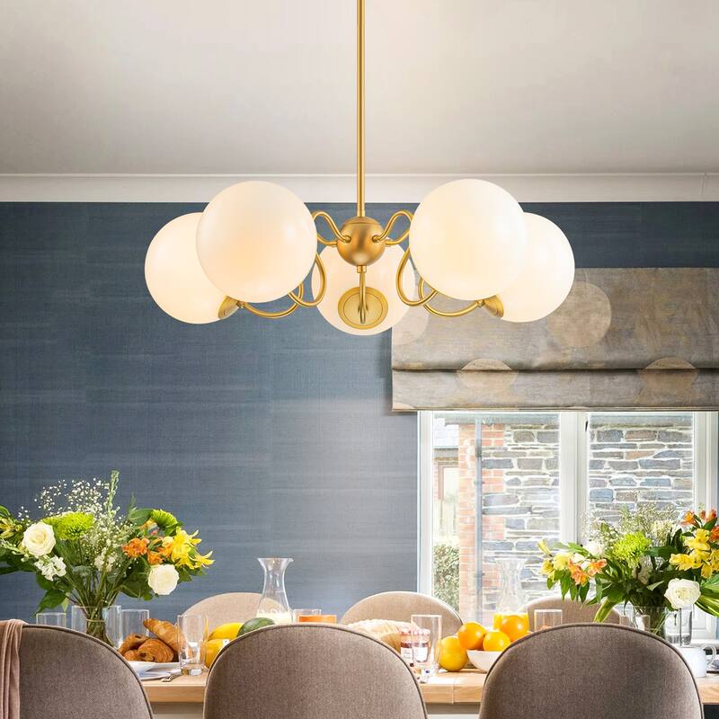 5-Light Mid-Century Modern Gold Sputnik Opal Glass Globe Bubble Chandelier for Dining Room - 27.5 in. W x 87.4 in. H - 27.5 in. W x 87.4 in. H - Brushed Gold