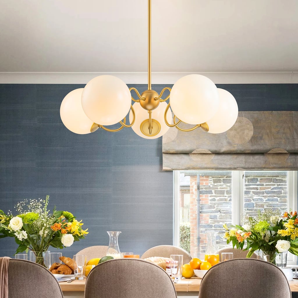 5-Light Mid-Century Modern Gold Sputnik Opal Glass Globe Bubble Chandelier for Dining Room - 27.5 in. W x 87.4 in. H