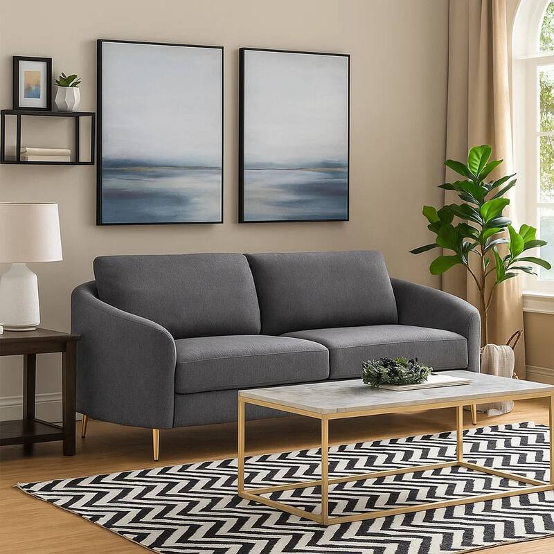 Nial 80 Inch Sofa, Linen Upholstery, Pine Wood, Smooth Gray, Gold Legs