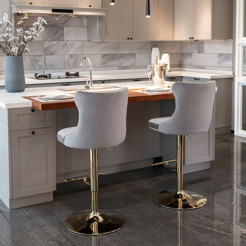 Swivel Velvet Barstools Set of 2, Upholstered Bar Stools with Adjusatble Height, Counter Height Bar Chairs with Tufted Back