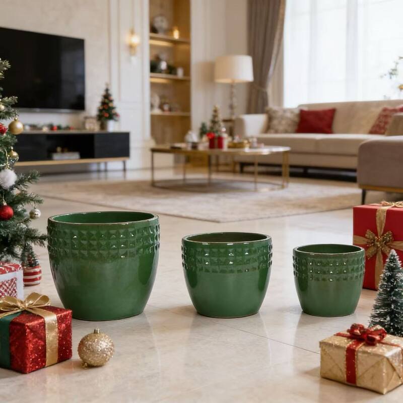 Set of 3 Ceramic Planters Diamond Pattern Plants for Succulents Herbs