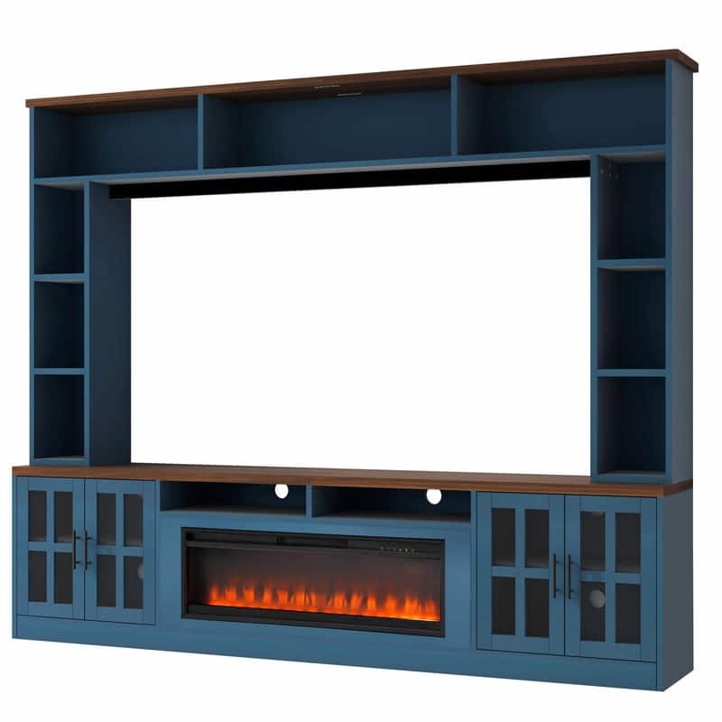95.5" Wide Wall Unit Entertainment Center with Electric Fireplace and Bookshelves for TVs up to 80"