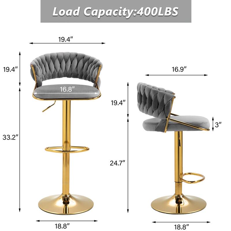 Set of 2 Modern Velvet Adjustable Bar Stools with Backs