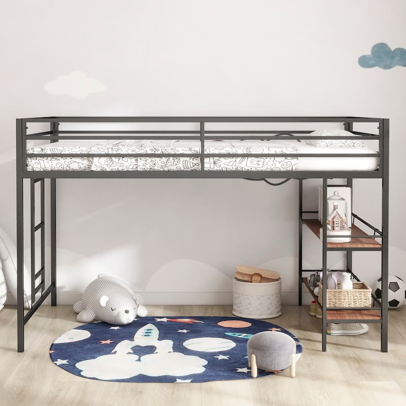 Junior Twin Loft Bed with Cinnamon Wood Shelf, Guardrails, and Ladder, Space-Saving Design for Kids' Bedroom