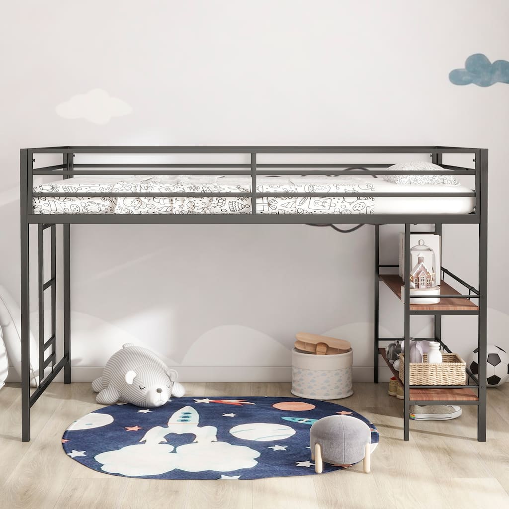 Twin loft bunk black with Cinnamon wood shelf
