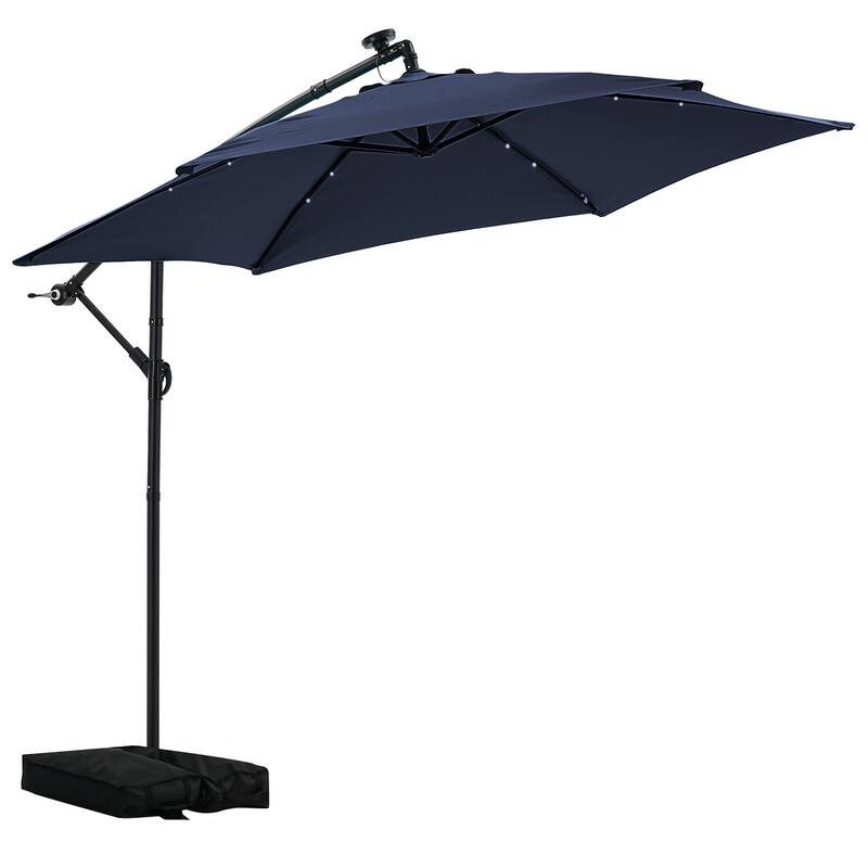 Autlaycil 10ft Offset Hanging Market Patio Umbrella With Base&Solar Lights - Navy Blue