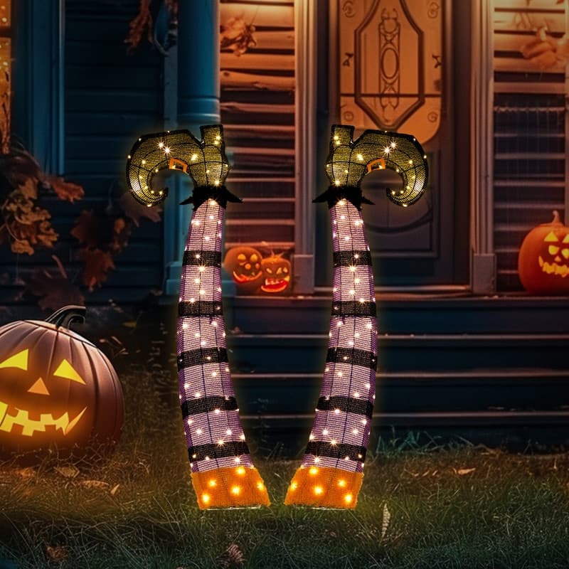 Set of 2 Halloween Lighted Wicked Purple Witch Legs Decoration - Black